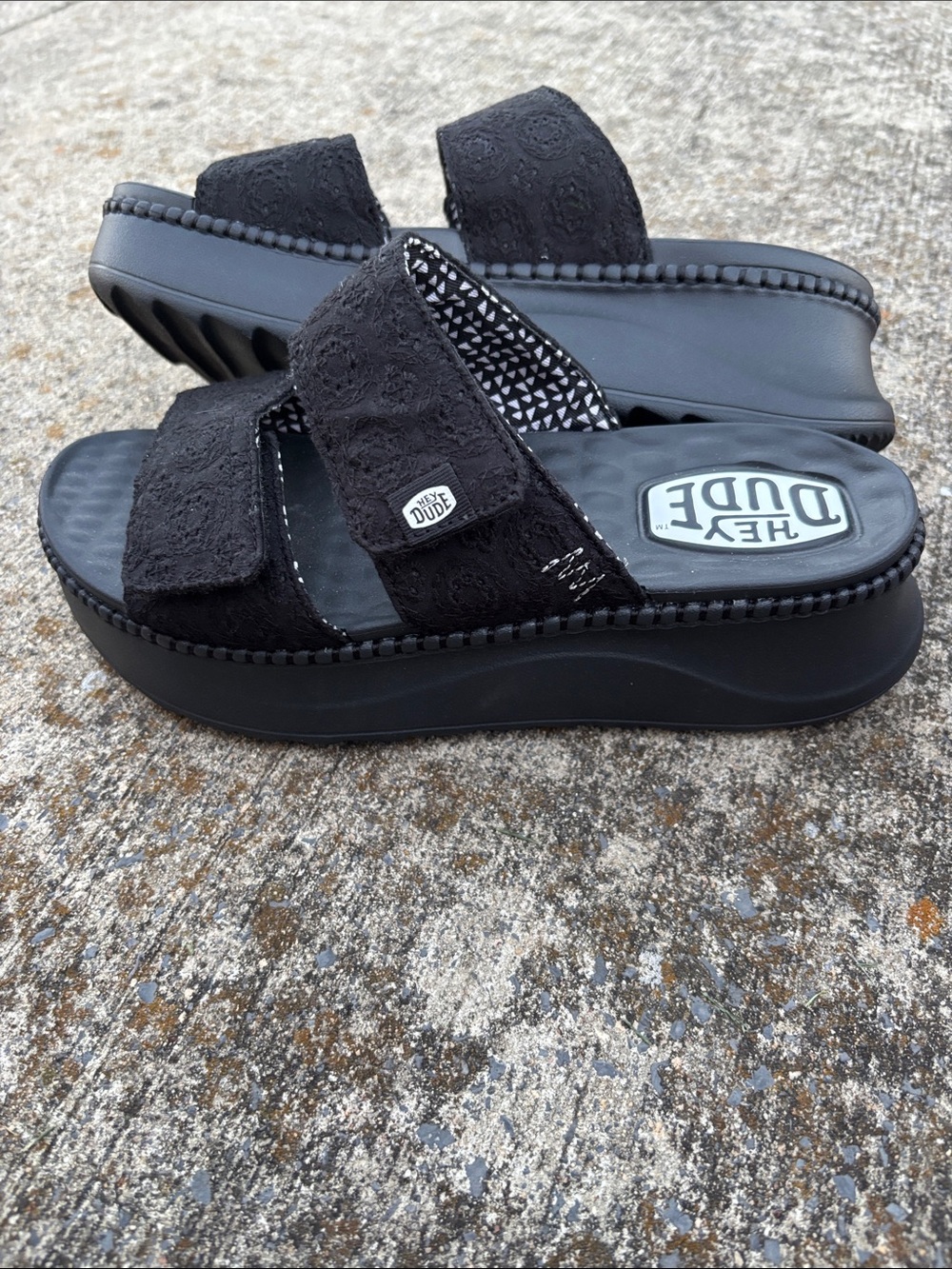 Hey Dude  Black Double-Strap Slide Sandals with Lace Detail Ladies NWT - Picture 4 of 10
